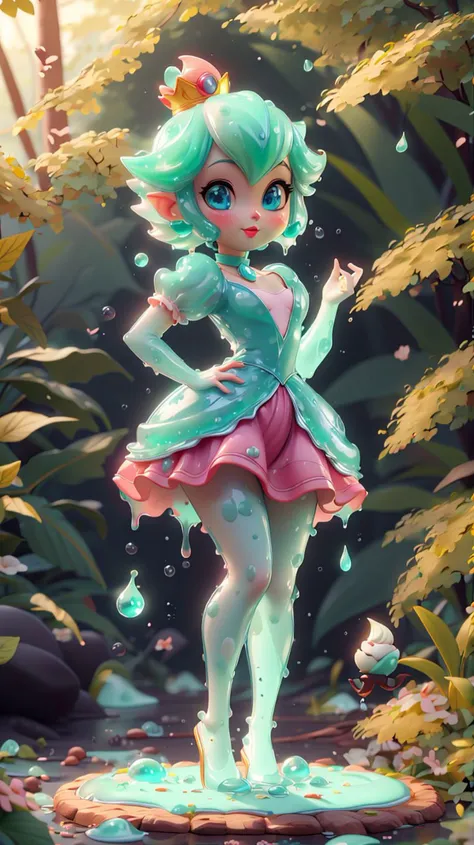 a cartoon girl in a green dress standing on a rock in the woods