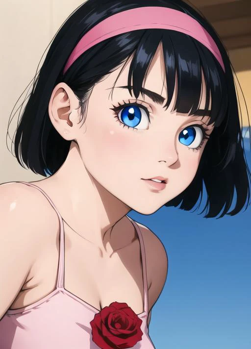 masterpiece, best quality, highest quality, photorealistic, perfect anatomy, perfect face, perfect eyes,
<lora:videldbspinkdress_ex_01:0.7>, videldbspinkdress, 1girl, solo, black hair, dress, blue eyes, hairband, short hair, pink dress, flower, rose, red ...
