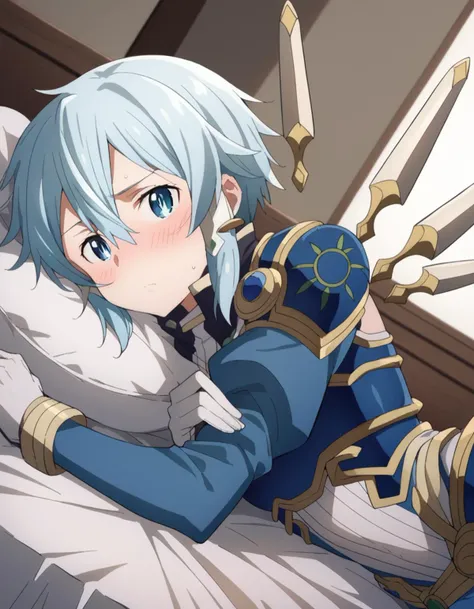 anime girl with blue hair laying on a bed with a sword