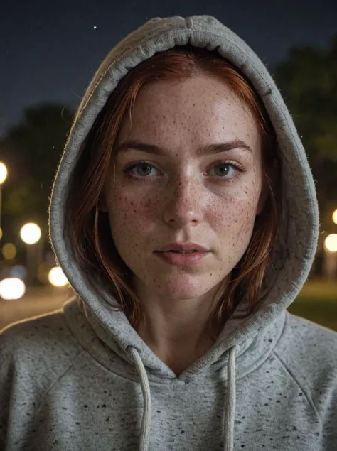 uhd, 4k, ultra detailed, cinematic, flash photography, a woman with freckles on her face and a freckle on her head cinematic hol...