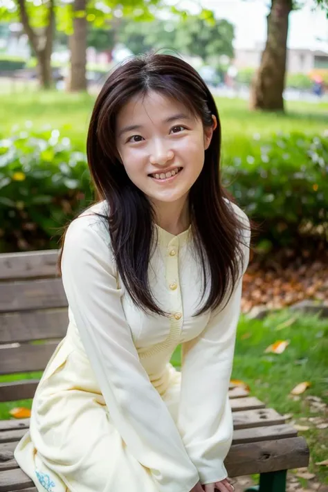 "A young woman with long black hair, smiling at the camera while sitting on a bench in a park, sunlight shining on her face, background with leaves and a soft bokeh effect, bright and happy atmosphere, high quality and realistic, no noise.
Camera angle: sl...