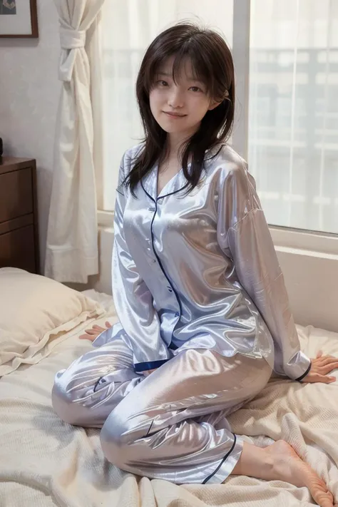 <lora:shihoactual08:0.8> shiho,
realistic photo of a girl,  1girl, solo, 
"a young woman in a stylish, silky pajama set stretche...