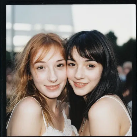 2girls, cute friends ([happy | laughing]:0.3), (strawberry blonde, ginger, slim face, (freckles:0.7)) (hugging:0.6) (black-haired, [short hair|long hair|braided hair], pale, slim face), nose, at a concert, film grain, flash, instant photo, instax, realisti...