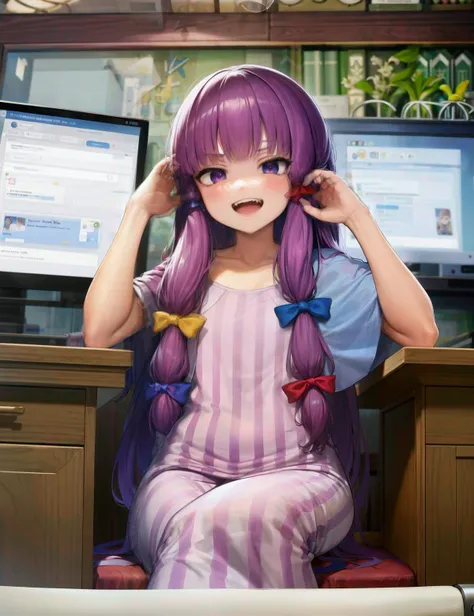 (1girl:1),
(view whole body)
(chair)(desk)(computer)
(patchouli knowledge taisa sitting on chair:1)
(detailed  patchouli knowledge long dress:1)
(matte hair)
(perfect face )(jagged teeth)(jitome eyes)
(cartoon:1)
(highres)(masterpiece)(best quality)
<lyco:...