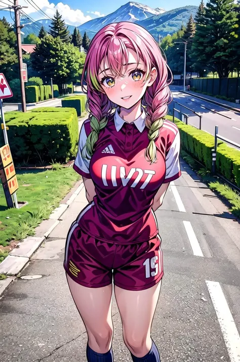 (masterpiece, best quality, detailed), 1girl, solo, looking at viewer, MitsuriKanroji_NDV, (multicolored hair, pink-green hair), large breasts, twin braids, red eyes, 
<lora:Soccer Uniform By Stable Yogi:0.5>, soccer uniform, road, utility pole, guard rail...