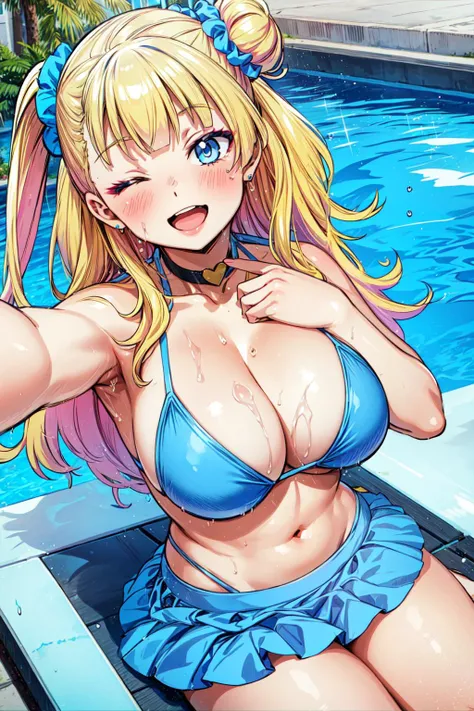 masterpiece,best quality,1girl,galko,(gyaru:0.8),blonde hair,blue eyes,single hair bun,one side up,blue scrunchie,asymmetrical hair,blue bikini,blue bikini_skirt,black collar,sunglasses,one eye closed,smile,open mouth,sitting,sweat,water drop,pool,((selfie...