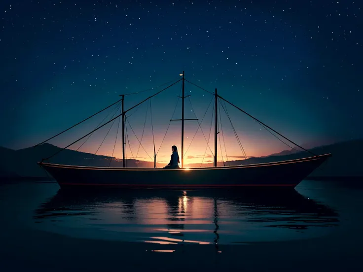 1girl, long hair, black,water,night,light reflection (water), ship, sitting, on water,