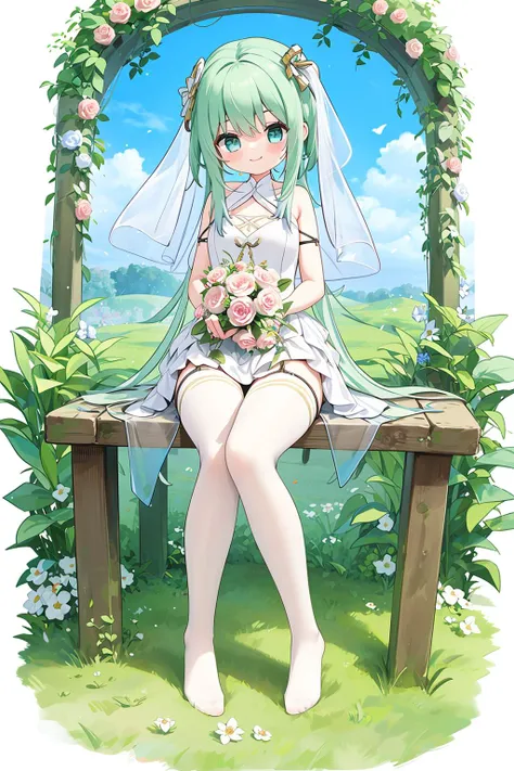 masterpiece,best quality,full body,1girl,long hair,white legwear,no shoes,bridal gauntlets,wedding dress,bridal veil,grass,(floral arch:1.1),(light smile:0.9), <lora:mimi:0.7:face>