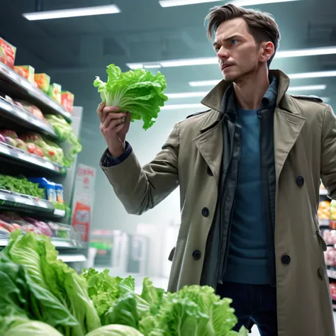 zdyna_pose, dutch angle, from below, foreshortening, man in trenchcoat standing above viewer in a zdyna_pose examining lettuce at a grocery store in a low camera angle actions scene, foreground objects dust and volumetric lighting, bright cinematic lightin...