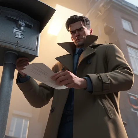 zdyna_pose, dutch angle, from below, foreshortening, man in trenchcoat standing above viewer in a zdyna_pose placing a letter into a mailbox in a low camera angle actions scene, foreground objects dust and volumetric lighting, bright cinematic lighting <lo...