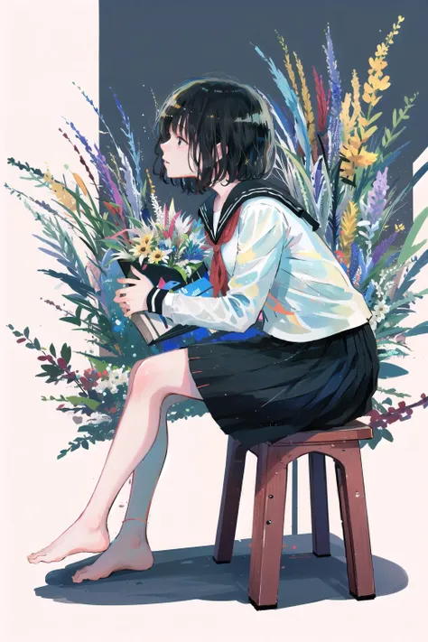 a woman sitting on a stool with flowers in her hand