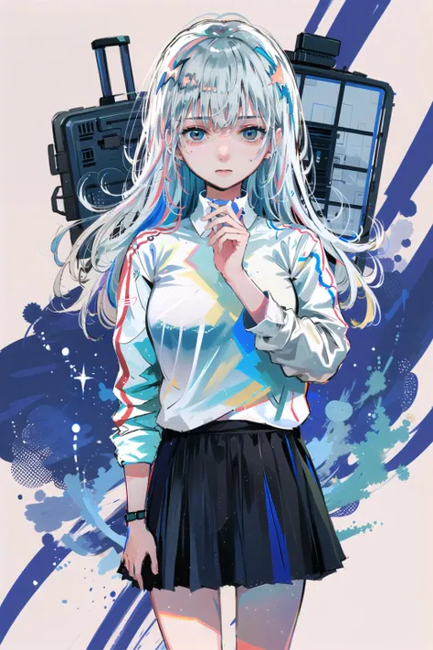 blue theme,Ultramarine, 1girl,white hair, solo, looking at viewer, shirt, white long hair, collared shirt, white shirt, skirt, bangs<lora:Ultramarine:1>