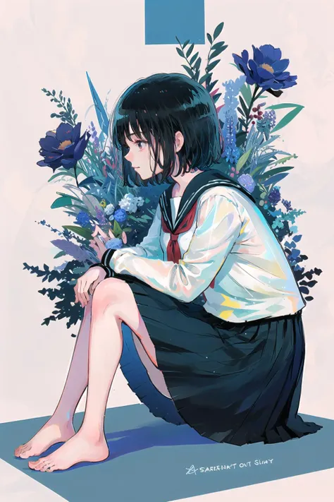 anime girl sitting on the ground with flowers in her hand