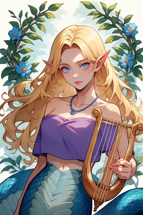 a woman with long blonde hair and blue eyes holding a harp