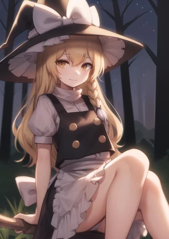 (masterpiece, best quality:1.2), extremely detailed, soft ambient lighting, sharp focus, 4K, BREAK <lora:marisa:1>, kirisame marisa, 1girl, blonde hair, witch hat, yellow eyes, long hair, vest, apron, bow, short sleeves, hat bow, braid, puffy sleeves, skir...