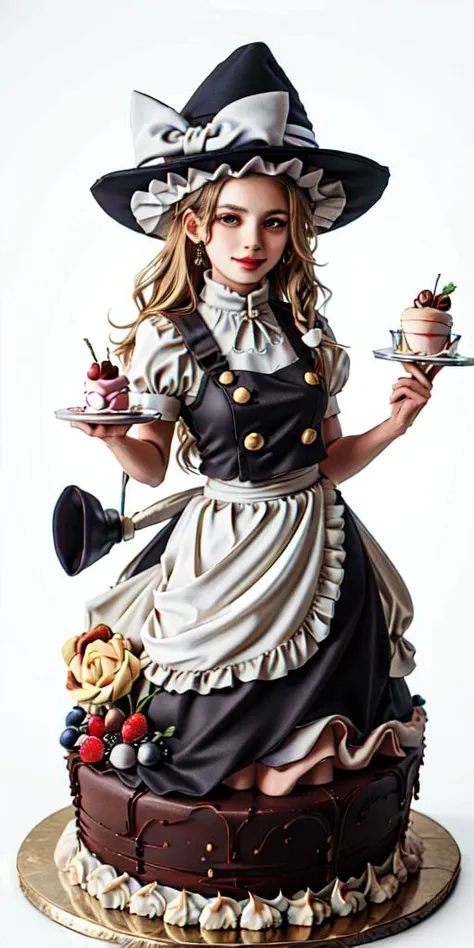 <lora:WhippedCreamTopStyle:0.2> WhippedCreamTopStyle,(CakeStyle:1.5) <lora:marisa:1> dress, Marzipan cake shaped like kirisame marisa dress. <lora:CakeStyle:1>,blonde hair, witch hat, yellow eyes, long hair, vest,apron, bow, short sleeves, hat bow, braid, ...