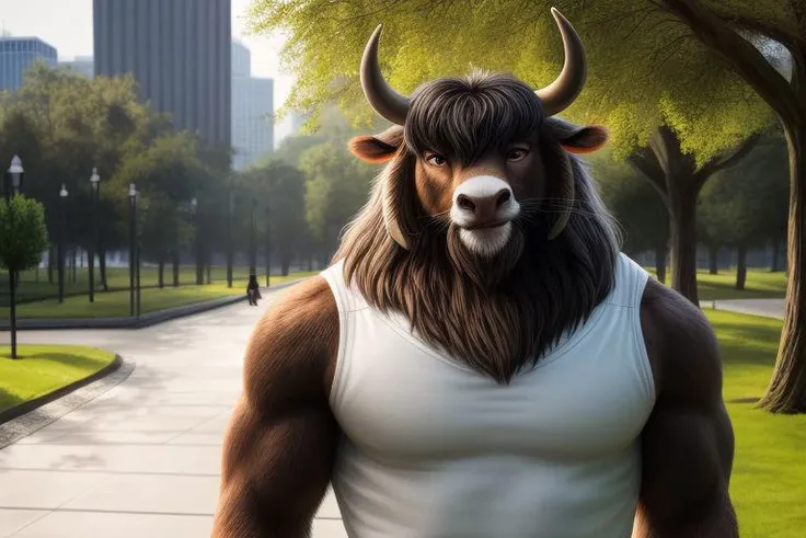 anthropomorphic, anthro, (((male))), ((yak)), ((whiskers)), male, ((wide hips, wide shoulders)), cow tail, adult, (((full body))), full body, wearing gym clothes, anatomically correct, looking at viewer, realistic fur covered torso, long hair, dense fur, e...