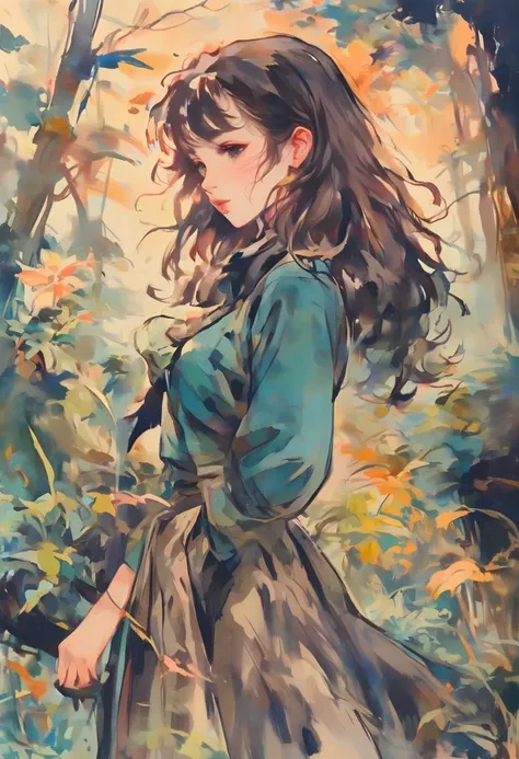 retro 1940s fantasy digital painting, rough brush strokes, anime watercolor on vellum, <lora:EnvyStarlightAnimeWatercolor02a:1.25>