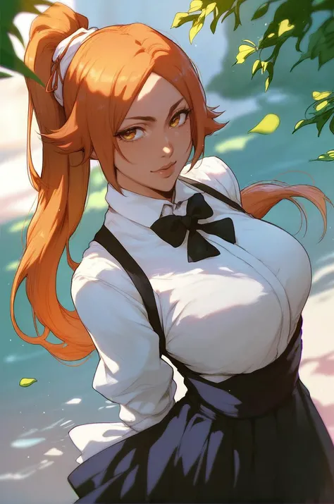 merchant officer, inoue_orihime, bleach, 1girl, orange_hair, brown_eyes shihouin_yoruichi, bleach, 1girl, purple_hair, yellow_eyes, score_9, score_8_up, score_7_up