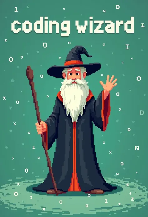 a pixel art illustration of an old wizard standing in the center, facing the viewer directly, he has a long white beard and is wearing a black robe with orange accents, a pointed hat, and a staff in his right hand, his left hand is raised, as if he is abou...