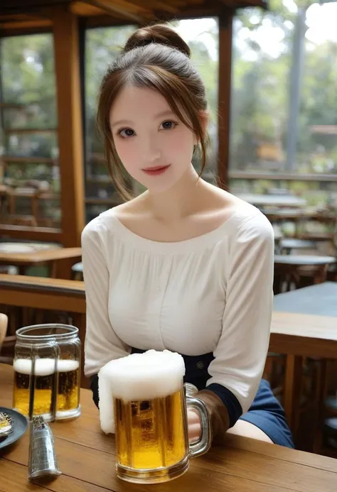 photo of a cute (female) minion sitting at a table, relaxed, looking at viewer, beer, cafe terrasse, date