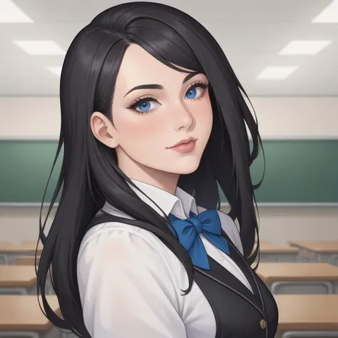 ((masterpiece)), ((detailed)), ((best quality)),1girl,black hair,long hair,blue eyes,white shirt,collared shirt,blue bowtie,black vest,black skirt,makeup,portrait,classroom,sexy,posing,smiles,