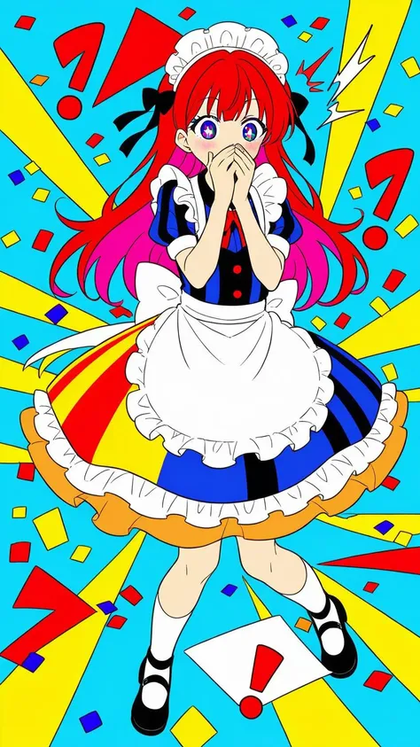 (1girl:1.3), (cute:1.2), (anime style:1.1), (simple background:1.2), (flat colors:1.2), (lineart:1.1), ((bright colors)), ((surprised, hands covering mouth)), blue sky, white clouds, confetti, (full body:1.1), (dynamic pose:1.1), (maid outfit), (striped cl...