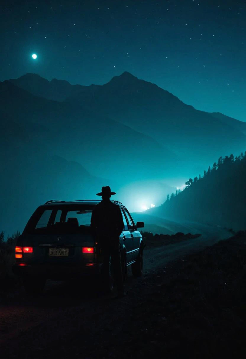 Cinematic shot of a car at night with headlamps on, (silhouetted person:1.3) wearing a hat near the car, (distant mountains:1.2) shrouded in fog, (teal dark blue color grading:1.4), creating a mysterious and atmospheric scene, rendered in Blender.