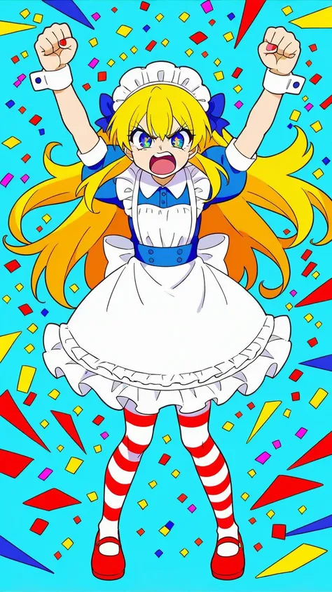 (1girl:1.3), (cute:1.2), (anime style:1.1), (simple background:1.2), (flat colors:1.2), (lineart:1.1), ((bright colors)), ((angry, shouting expression)), blue sky, white clouds, confetti, (full body:1.1), (dynamic pose:1.1), (maid outfit), (striped clothes...