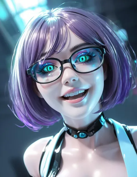 a glass android girl with glasses, gorgeous face, psychotic laughter, big breasts