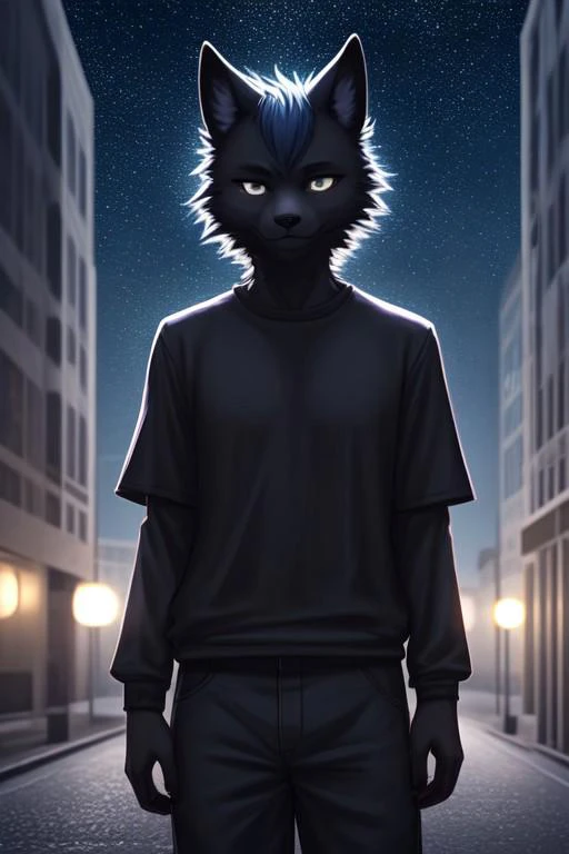 furry, black fur, night, glowing hairs, black clothing , shirt, pants,