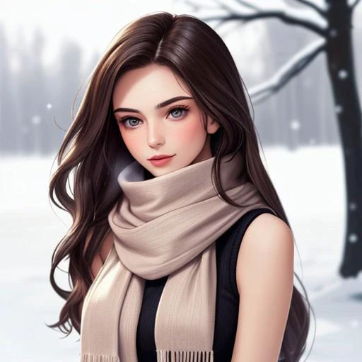 a beautiful woman with a sleeveless t shirt and a long woolen winter scarf wrapped around her neck and with soft and A silky LONG free hair