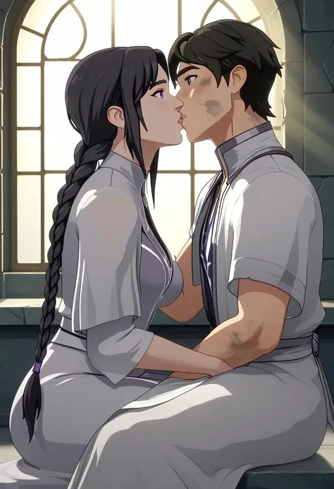 Score_9, Score_8, Score_7, TDPStyle, Claudia, Black Hair, Braided, Dirty White Rags, Purple Eyes, sitting, looking to each other, with sunlight filtering through the windows, 1girl, 1boy, Aaravos, kissing,