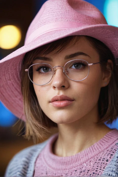 portrait of a young woman with glasses and short hair wearing a wide-brimmed hat, DSLR, 50mm, f/1.8, 1/200, ISO 100, 24M, RAW, DNG, neon lighting, vibrant colors, high resolution, professional photography, pink and blue hues, detailed facial features, refl...