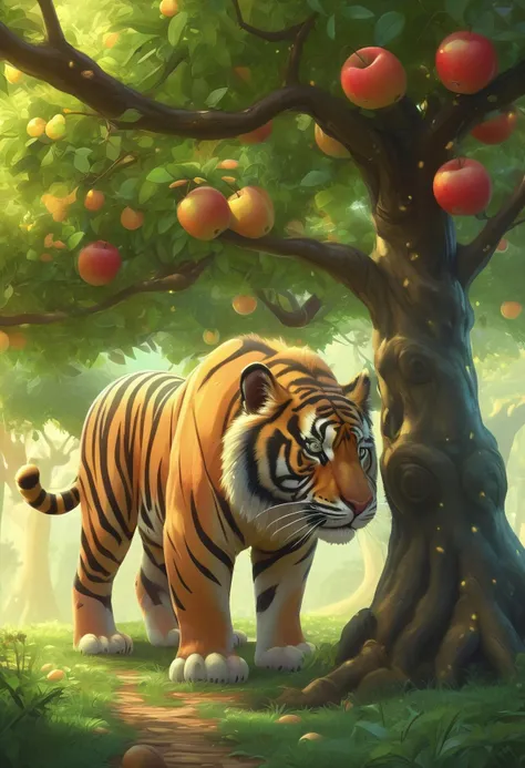 digital art of a beautiful tiger pokemon under an apple tree, cartoon style, Matte Painting, Magic Realism, Bright colors, hyper quality, high detail, high resolution