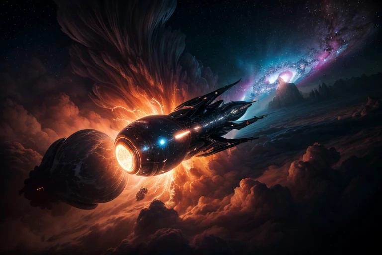 An elegant spaceship flies through a nebula, view from above, suspenseful atmosphere, ultra realistic, hyper detailed, sci-fy, cinematic lighting, highlights, gritty atmosphere, RAW, (realistic photo, best quality, detailed), (8k wallpaper), (cinematic lig...