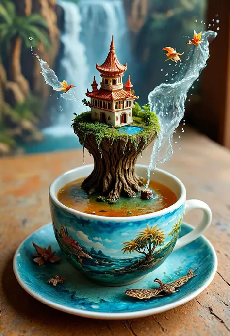 tilt-shift photo of best quality double exposure complex surreal painting on cracked paper, macro, microworld,  hyperdetailed,   insanely detailed, surreal, tiny genie spirit creature, flying oasis landscape placed inside a cup on the table in room. waterf...