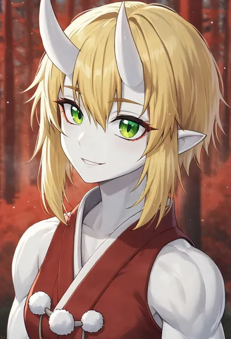 portrait, girl, muscular body, white skin, oni horns, blonde hair, short hair, wild hair, green eyes, ember eyes, smile, red kimono, sleeveless, winter forest