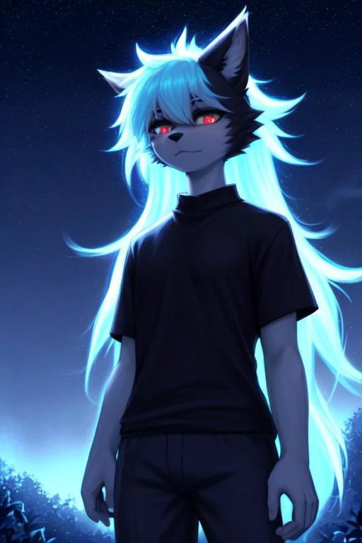 furry, black fur, night, glowing hairs, black clothing , shirt, pants,