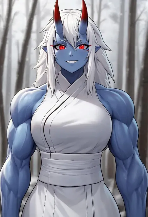 portrait, girl, blue skin, large muscles, oni horns, lion hair, white hair, red eyes, ember eyes, confident smile, white kimono, sleeveless, winter forest