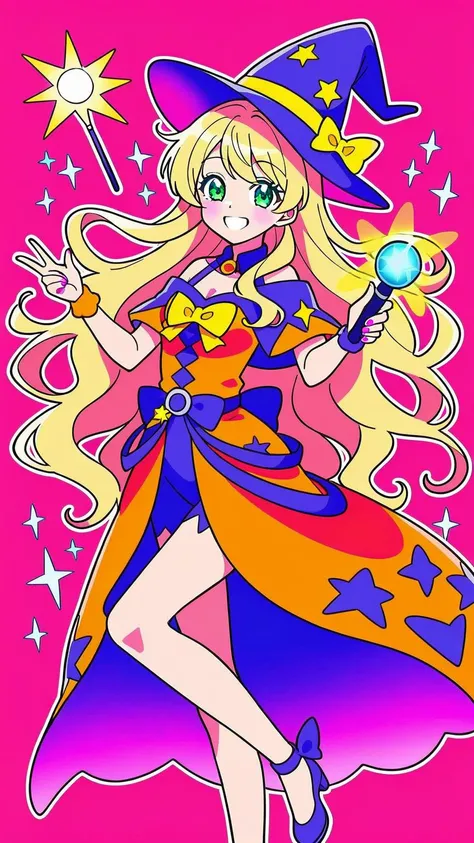 (1girl:1.3), (cute:1.2), (anime style:1.1), (simple background:1.2), (flat colors:1.2), (lineart:1.1), ((bright colors)), ((smiling, holding a magic wand)), (casting a spell), (floating sparkles), (glowing magical symbols), (witch costume), (long, flowing ...