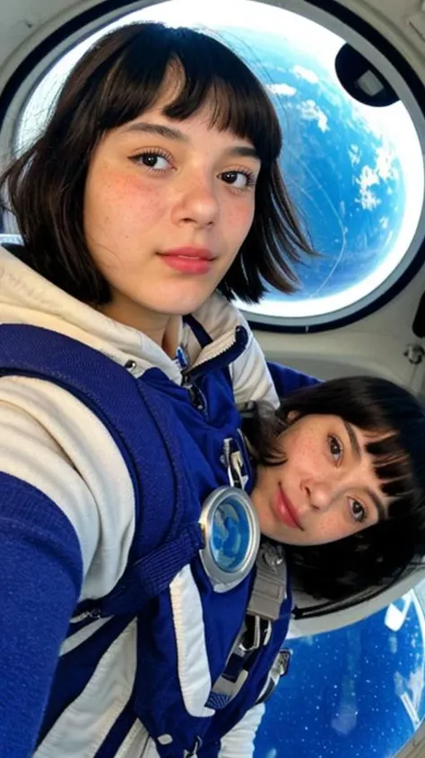 a selfie my gf sent me,floating in space, wearing spacesuit, <lora:akio.oon_proyect:0.8> my 18yo cute teen girlfriend (akio.oon), black_hair,