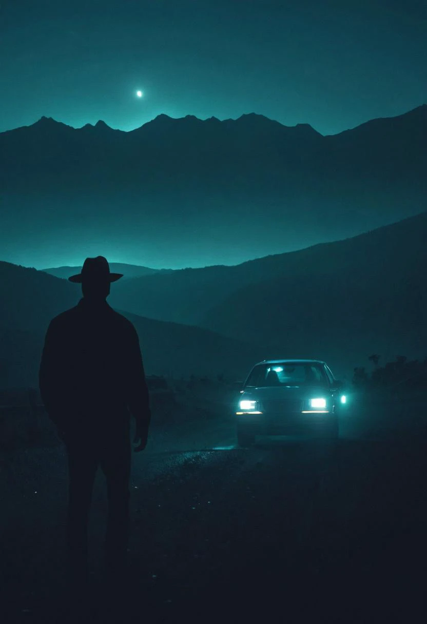 Cinematic shot of a car at night with headlamps on, (silhouetted person:1.3) wearing a hat near the car, (distant mountains:1.2) (cinematic len flare:1.6)  shrouded in fog, (teal dark blue color grading:1.4), creating a mysterious and atmospheric scene, re...