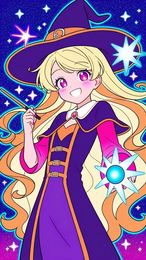 (1girl:1.3), (cute:1.2), (anime style:1.1), (simple background:1.2), (flat colors:1.2), (lineart:1.1), ((bright colors)), ((smiling, holding a magic wand)), (casting a spell), (floating sparkles), (glowing magical symbols), (witch costume), (long, flowing ...