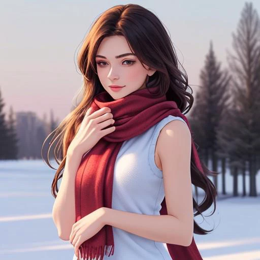 a beautiful woman with a sleeveless t shirt and a long woolen winter scarf wrapped around her neck and with soft and A silky LONG free hair