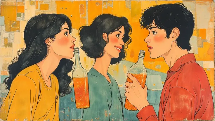 style of Jan Toorop，

A flat illustration of 2 asian women and 1 asian man happily drinking PET bottle drink togher,The character is in the lower right corner of the screen,vibrant colors,Medium shot, , simple minimalistic style, styled in the manner of ve...