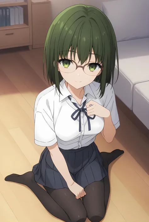 (school uniform skirt white shirt black pantyhose uwabaki), hm-sakura, green hair, green eyes, [glasses, medium hair], medium breasts, 1girl, solo, skinny, score_9, score_8_up, score_8, score_7_up, score_7, score_6_up, score_6, score_5_up, score_5, source_...