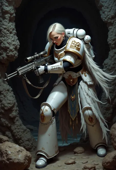 detailed renaissance oil painting, masterpiece, FredFraiStyle, a gorgeous female WhiteS40K space marine in white power armor with dark embellishments, long white flowing hair, earrings, dark eyeshadow, red lips, holding a sniper rifle, aiming, dynamic pose...