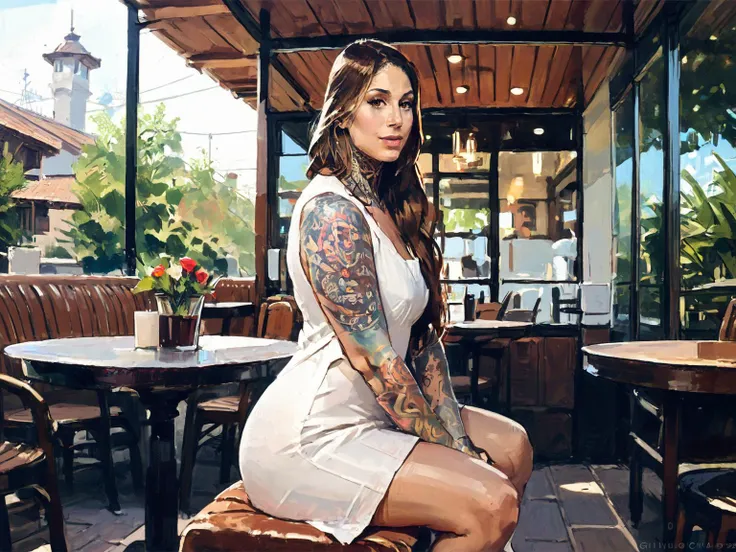 <lora:GiulianaCabrazia-20:0.8>, giul1ana_cabraz1a, mature woman, tattoo, brown hair, long hair, brown eyes, lips, sitting, cafe,germany, white dress, short dress, pink trim, solo, outdoors, day, <lora:AlexanderMandradjiev:0.8>, zPDXL3, score_9, score_8_up,...