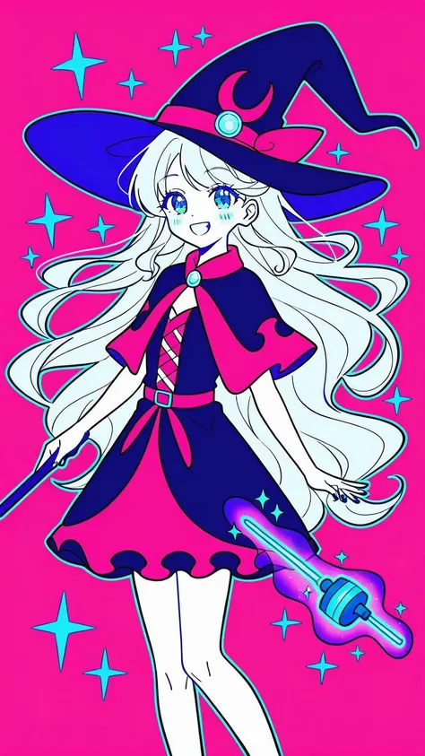 (1girl:1.3), (cute:1.2), (anime style:1.1), (simple background:1.2), (flat colors:1.2), (lineart:1.1), ((bright colors)), ((smiling, holding a magic wand)), (casting a spell), (floating sparkles), (glowing magical symbols), (witch costume), (long, flowing ...